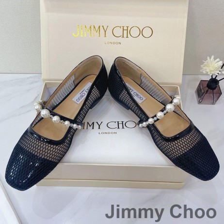 Jimmy Choo Ade Flats Women Fishnet Mesh And Patent Leather With Pearl Embellished Black