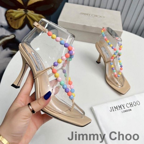 Jimmy Choo Amiral 85 Sandals Women Nappa Leather With Beaded Raffia Apricot