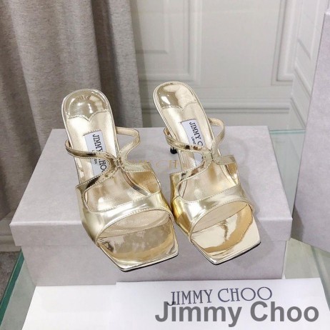 Jimmy Choo Anise 85 Heeled Slides Women Patent Leather Gold/White