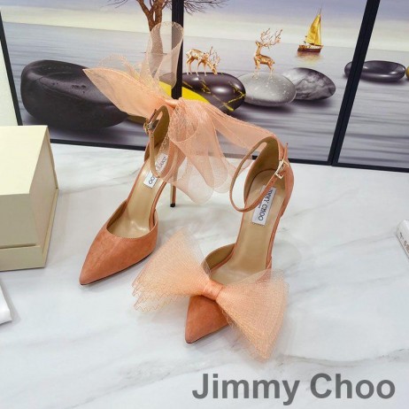 Jimmy Choo Averly 100 Pumps Women Suede With Oversized Mesh Bows Orange