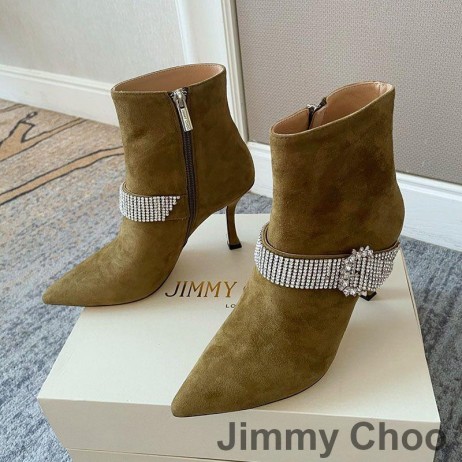 Jimmy Choo Kaza 85 Ankle Booties Women Suede With Crystal Strap Green