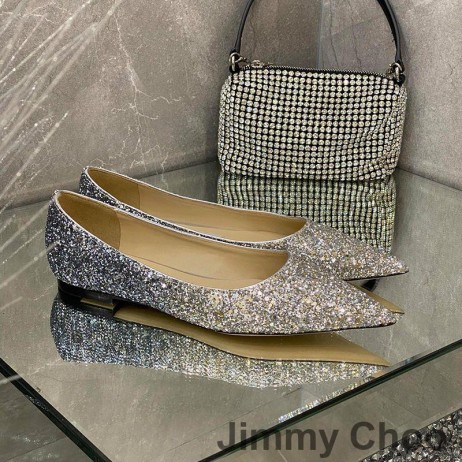 Jimmy Choo Love Flats Women Glitter Degrade Fabric Grey/Silver