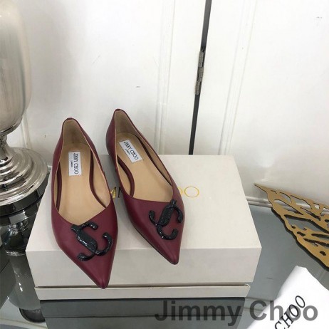 Jimmy Choo Love Flats Women Leather With JC Emblem Burgundy
