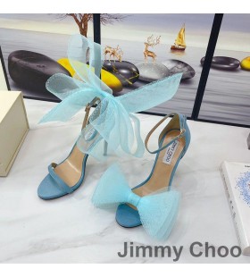 Jimmy Choo Aveline 100 Sandals Women Suede With Oversized Mesh Bows Sky Blue