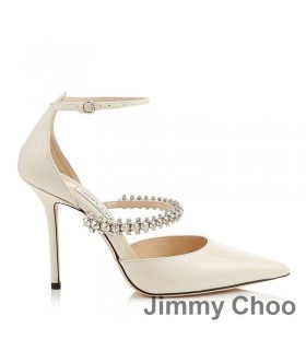 Jimmy Choo Bobbie 100 Pumps Women Patent Leather With Crystal Strap Beige