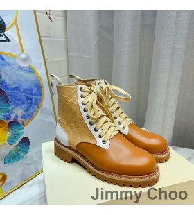 Jimmy Choo Cora Flat Combat Boots Women Mix Leather With JC Monogram Brown