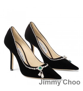 Jimmy Choo Love 100 Pumps Women Velvet With Crystal Mix Necklace Black