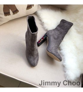 Jimmy Choo Maine 100 Ankle Boots Women Suede With Crystal Embellished Heel Grey