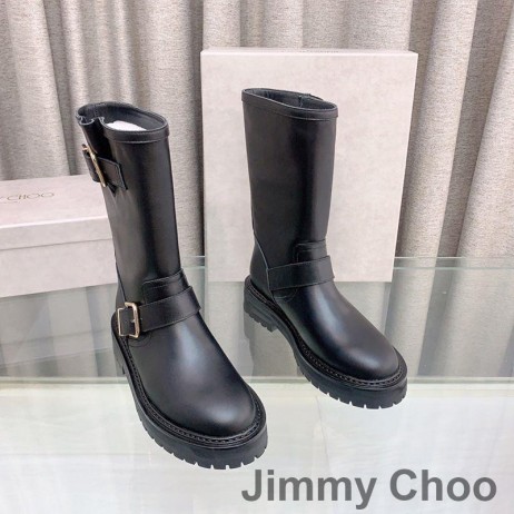 Jimmy Choo Motociclista II Botas de Mulheres Lisa de Couro Com Fivelas de Ouro Preto