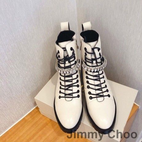Jimmy Choo Cruz De Combate De Botas De Mulheres De Couro Com O Crystal Detalhando Branco