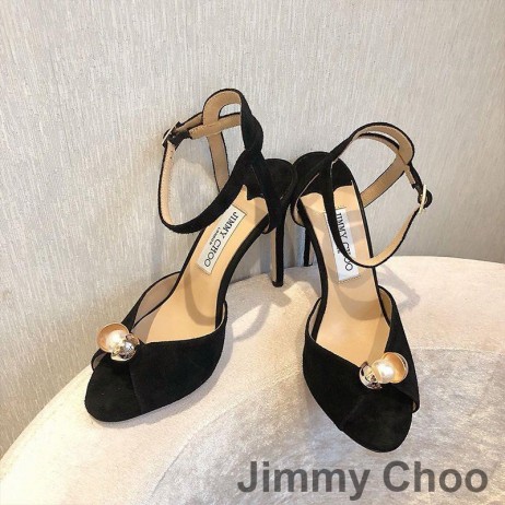 Jimmy Choo Marfim Sandálias Das Mulheres De Camurça Com Pérola Detalhe Preto