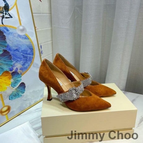 Jimmy Choo Kari 85 Bombas De Mulheres De Camurça Com Cristais Alça Marrom