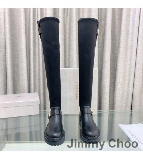 Jimmy Choo Motociclista II Sobre O Joelho Botas de Mulheres Esticar o Tecido Ligado Com Fivelas de Ouro Preto