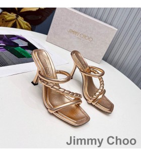 Jimmy Choo Diosa 85 Salto Slides Mulheres De Couro Com Alça Trançada De Ouro Rosa
