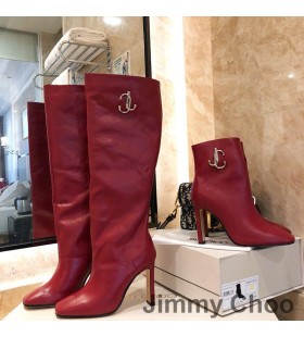 Jimmy Choo Mahesa 100 Joelho Botas das Mulheres de Couro de Bezerro Com JC Emblema Vermelho