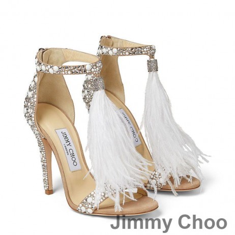 Jimmy Choo Viola 100 Szandál Női Velúr Kristállyal Díszítette, S Strucc-Toll Meztelen