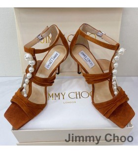 Jimmy Choo Aura 85 Szandál Női Velúr Gyöngyök, Valamint Kristályok Barna