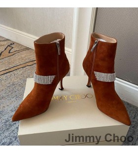 Jimmy Choo Kaza 85 Ankle Booties Women Suede With Crystal Strap Brown