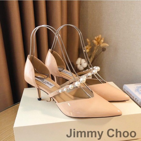Jimmy Choo Aurelie 65 Caidéil Mná Leathar Paitinne Le Embellishment Pearl Bándearg