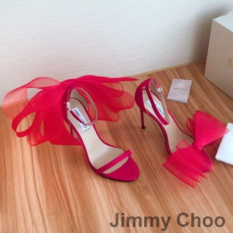 Jimmy Choo Aveline 100 Sandals Mban Suede Le Oversized Mogalra Bows Dearg