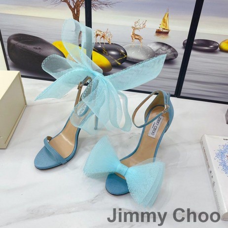 Jimmy Choo Aveline 100 Sandals Mban Suede Le Oversized Mogalra Bows Spéir Gorm