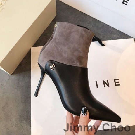 Jimmy Choo Beyla 85 Rúitín Booties Mban Lao Leathar Agus Suede Le JC Cnaipe a Shonraíonn Grey