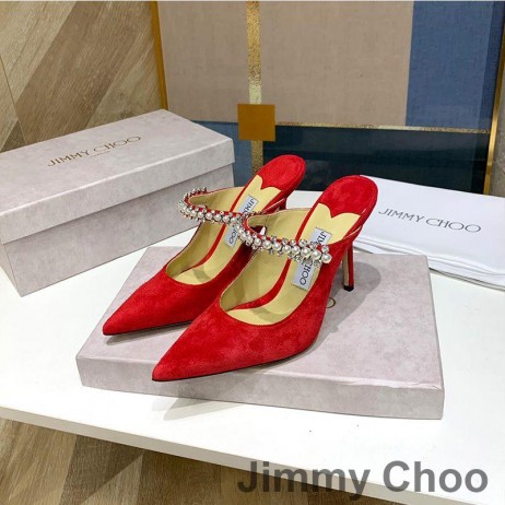 Jimmy Choo Bing Miúileanna Mná Suede Le Criostail Agus Pearl Strap Dearg