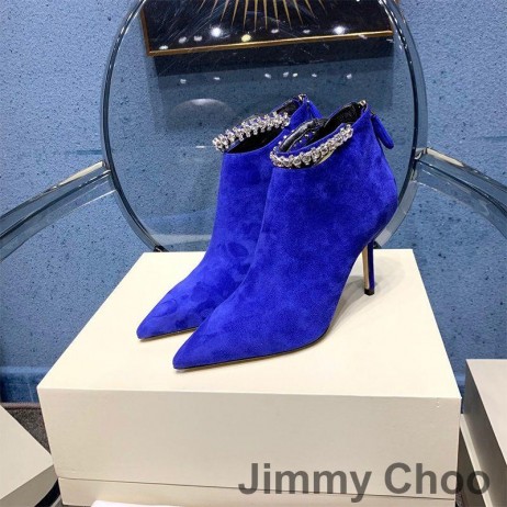 Jimmy Choo Blaize 85 Rúitín Booties Mban Suede Le Criostail Strap Gorm