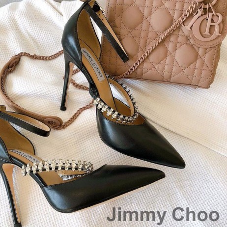 Jimmy Choo Bobbie 100 Caidéil Mná Leathar Paitinne Le Criostail Strap Dubh