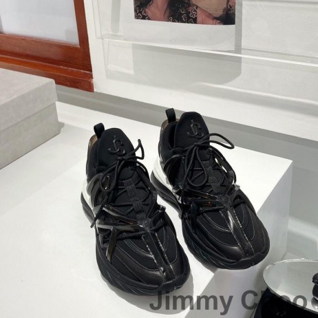 Jimmy Choo Cosmos F Íseal Barr Sneakers Mná Leathar Agus Neoprene Dubh