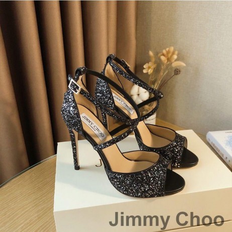 Jimmy Choo Emsy 105 Sandals Mná Garbh Glitter Fabraic Dubh