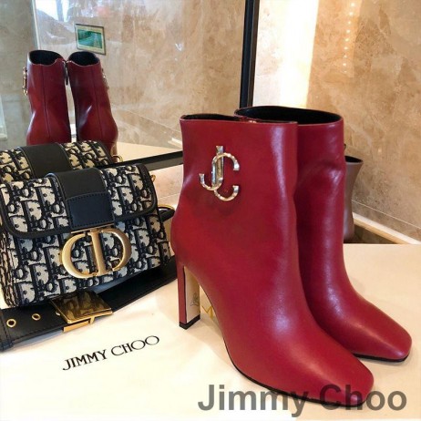 Jimmy Choo Mahesa 100 Rúitín Booties Mná Leathar Lao Le JC Feathal Dearg