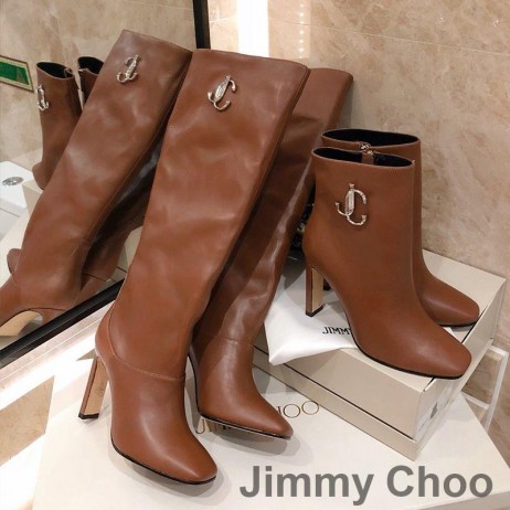 Jimmy Choo Mahesa 100 Glúine Mban Booties Leathar Lao Le JC Feathal Donn