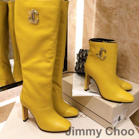 Jimmy Choo Mahesa 100 Glúine Mban Booties Leathar Lao Le JC Feathal Buí