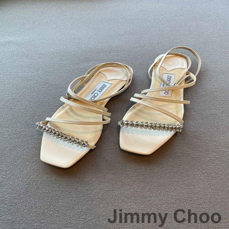 Jimmy Choo Meira Sandals Mná Leathar Nappa Le Duille Embellishment Criostail Bán