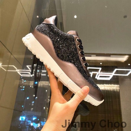 Jimmy Choo Monza Sneakers Mná Dath Leathair Agus Glitter Fabraic Dubh