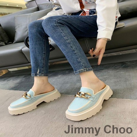 Jimmy Choo Ultra-éadrom Cúradh Ardán Miúileanna Mná Calf Leathair Le Slabhra Gorm