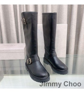 Jimmy Choo Biker II Glún Buataisí Mná go Réidh Leathair Le Búclaí Óir Dubh
