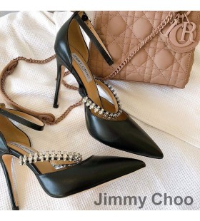 Jimmy Choo Bobbie 100 Caidéil Mná Leathar Paitinne Le Criostail Strap Dubh