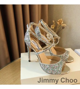 Jimmy Choo Emsy 105 Sandals Mná Garbh Glitter Fabraic Airgid