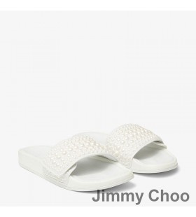 Jimmy Choo Fitz F Ardán Sleamhnáin Mban Canbhás Agus Leathar Le Péarlaí Bán