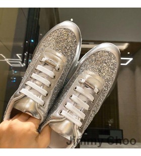 Jimmy Choo Monza Sneakers Mná Dath Leathair Agus Glitter Fabraic Airgid