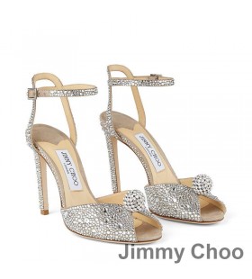 Jimmy Choo Sacora 100 Sandals Mban Suede Le Hotfix Criostail Agus Réimse Mion Airgid