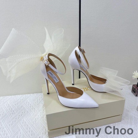 Jimmy Choo Averly 100 Pompe Di Donne In Pelle Di Vitello Con Il Maxi-Maglia Fiocchi Bianchi