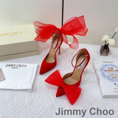 Jimmy Choo Averly 100 Pompe Di Donne In Pelle Scamosciata Con Il Maxi-Maglia Fiocchi Rossi