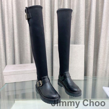 Jimmy Choo Biker II Sopra Il Ginocchio Stivali Donna Elasticizzato Tessuto laminato Con Oro Fibbie Nero