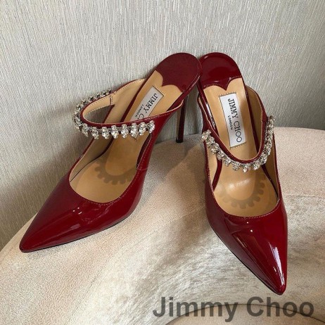 Jimmy Choo Bing 100 Muli Donne Di Brevetto In Pelle Con Cristalli Cinturino Rosso