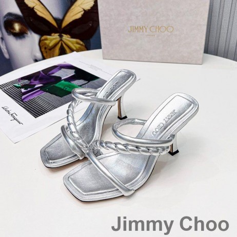 Jimmy Choo Diosa 85 Diapositive Tacco Donna In Pelle Con Tracolla Intrecciata Argento