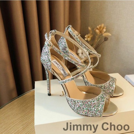 Jimmy Choo Emsy 105 Sandali Donna Grossa Tessuto Glitter Argento