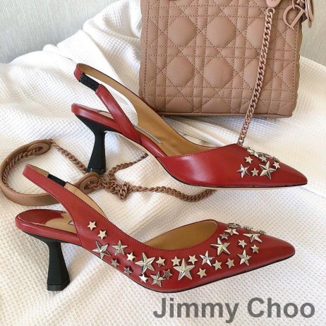 Jimmy Choo Fetto 65 Pompe Slingback Donna In Pelle Con Stella Rivetti Rosso